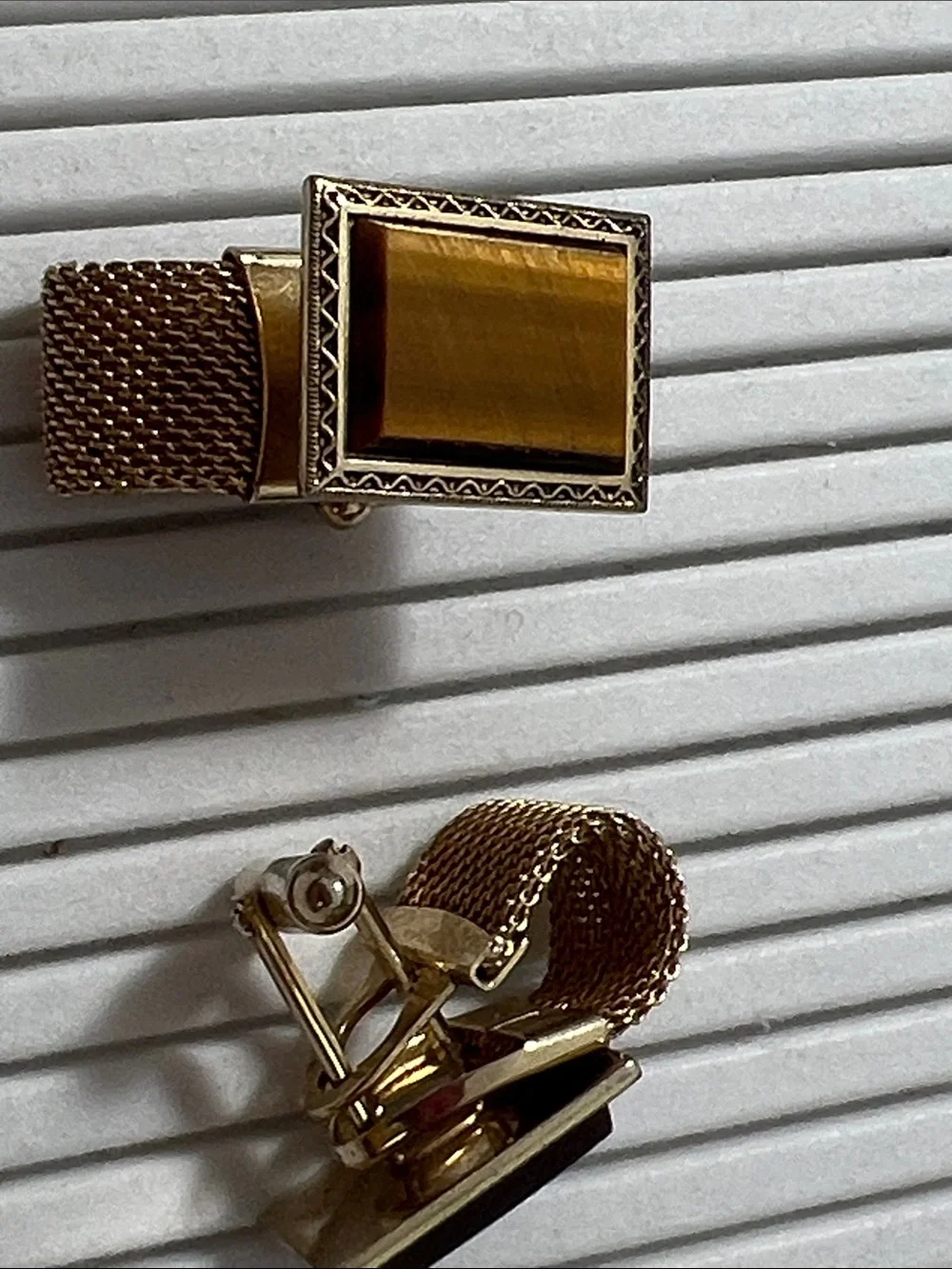 Gold-Tone Rectangular Tiger Eye Cuff Links with Woven Backing